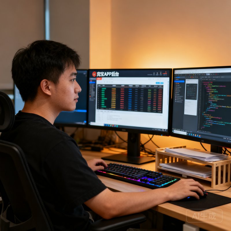 竞技宝技术负责人陈思远的侧面半身照，他坐在编程工位前，面前摆放着三台显示器，屏幕上显示着竞技宝APP的后台数据面板和代码编辑器界面。